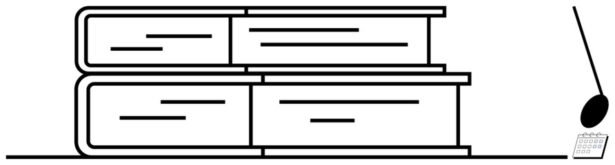Stack of books emphasizing knowledge and education, accompanied by a pen and calendar symbolizing planning, productivity, and scheduling. Ideal for learning, organization, productivity, time