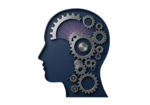 Isolated conceptual rendering of a thinking human head filled with mechanical gears and cogs