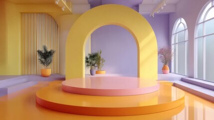 Yellow Arch Over Pink Platform in Purple Room