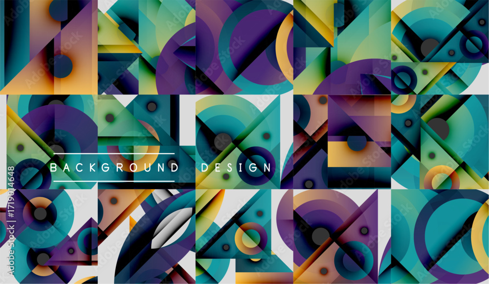 Poster Abstract geometric pattern. Squares, circles, triangles overlap creating vibrant colorful design. Modern aesthetic, dynamic composition.