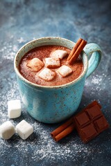 Hot chocolate with marshmallows and cinnamon sticks in ceramic cup on slate plate. Cup of rich hot chocolate with marshmallows and cinnamon stick, festive mug, wintery background