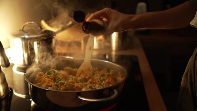 Warm kitchen ambiance highlighting culinary skills, woman expertly seasoning cabbage and mixing ingredients in steaming pan while creating nutritious, homemade dinner