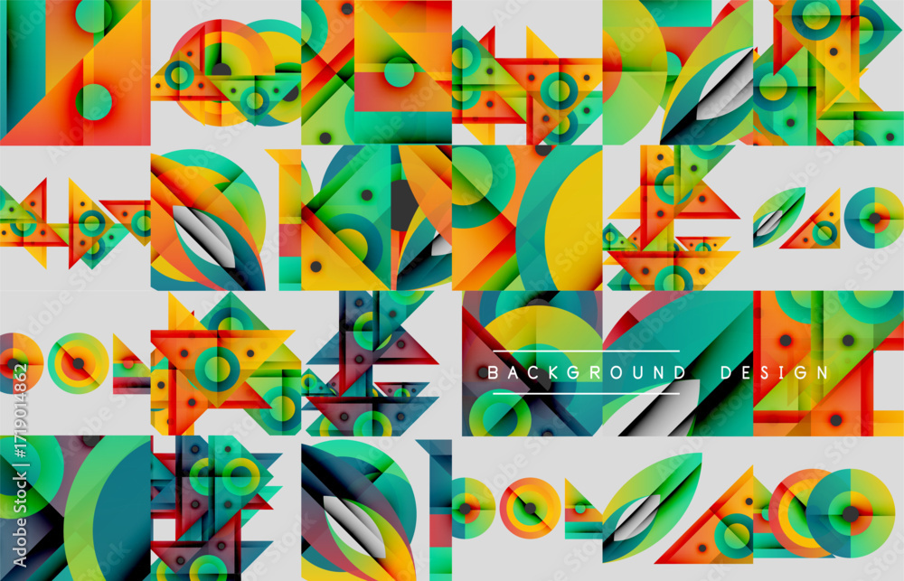 Poster abstract geometric patterns. bright colors, shapes overlap creating dynamic visual texture. modern d