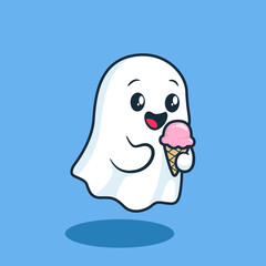 Cute Happy Ghost Eating Ice Cream Illustration
