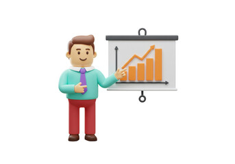 Isolated Businessman Presenting a Growth Chart in a Presentation. 3D Character Rendering