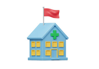 Isolated 3D hospital building render with red flag for medical design and illustration needs