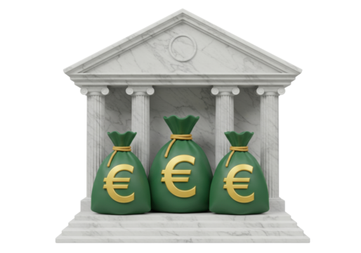 Isolated bags of euro money in front of a bank building, finance industry and financial economy