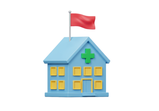 Isolated 3D hospital building render with red flag for medical design and illustration needs