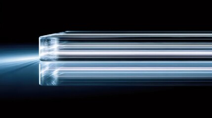 青い光が漏れる透明なガラス棒と暗い背景