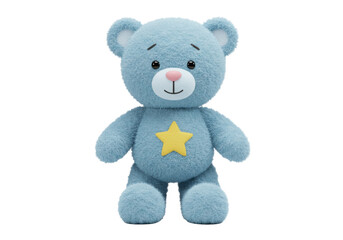 Isolated adorable blue teddy bear with a yellow star graphic on its chest, cute soft toy