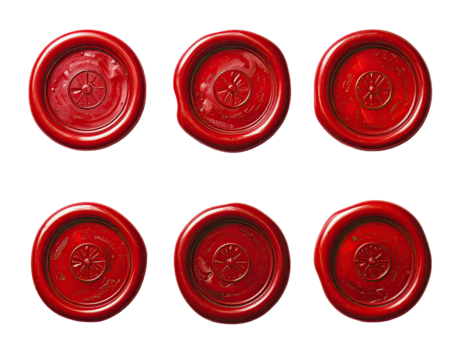 Six red wax seals, circular, detailed
