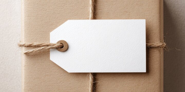 Blank white tag attached to a light brown cardboard package tied with twine