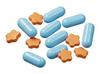 Isolated Pills and Tablets colorful with Capsule and star-shaped supplements food additives