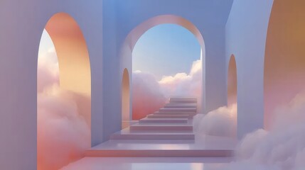 アーチ状通路から見える雲と空に続く階段