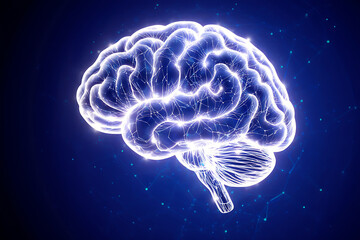 Futuristic Brain Graphic with Neon Glow and Dark Blue Backdrop