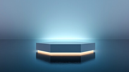 Minimalist hexagonal platform glowing over calm water, with soft reflections and a gradient sky. Ideal for branding, product display, or futuristic design concepts.