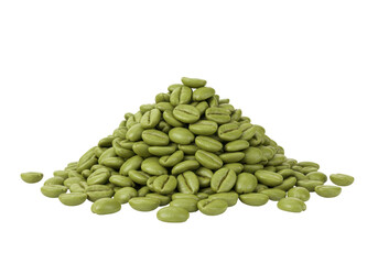 Isolated mound of unroasted coffee beans ready to be processed for making coffee drinks