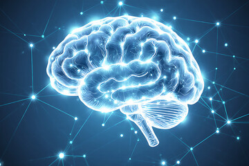 Blue Illuminated Brain with Neural Connections on Dark Background