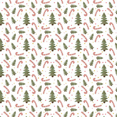 Festive seamless pattern with Christmas trees, candy canes, and colorful dots on a white background.