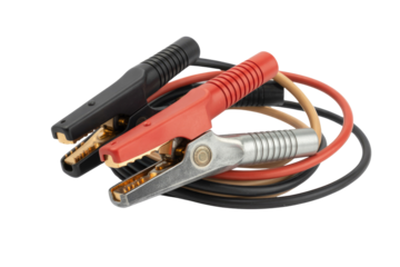 A close-up shot of a pair of jumper cables with red and black insulated clamps, ready for use. background removed