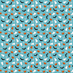 Seamless Halloween pattern with cute ghosts, pumpkins, bats, and skulls on a blue background, perfect for festive spooky designs.