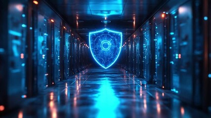 Cybersecurity Shield in Server Room: A striking visual of a glowing shield overlayed upon a server room aisle, highlighting digital protection and data security. - Powered by Adobe