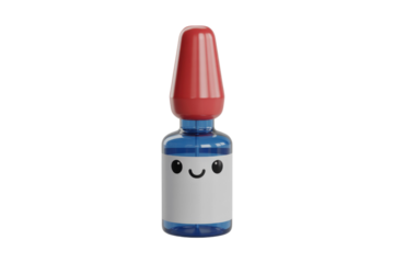 Cute cartoon illustration of a blue bottle with a red cap and a smiling face. background removed