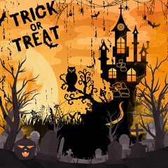 Haunted house with glowing windows, jack-o’-lantern, bats, owl, spider webs, and gravestones under a full moon, perfect for spooky Halloween night.