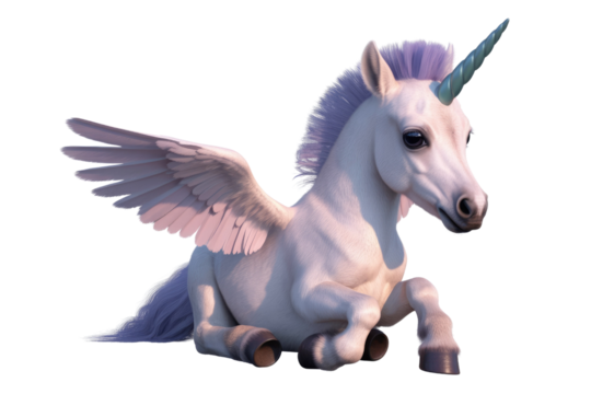 Adorable winged unicorn foal, white fur, lavender mane and tail, resting pose. background removed