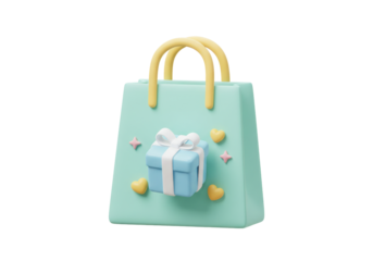 Isolated 3D render of a pastel gift bag with a blue present and yellow heart designs