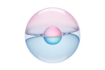 A transparent sphere containing two smaller spheres of pink and blue, submerged in a liquid. background removed