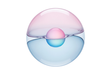 A transparent sphere containing two smaller spheres of pink and blue, submerged in a liquid. background removed