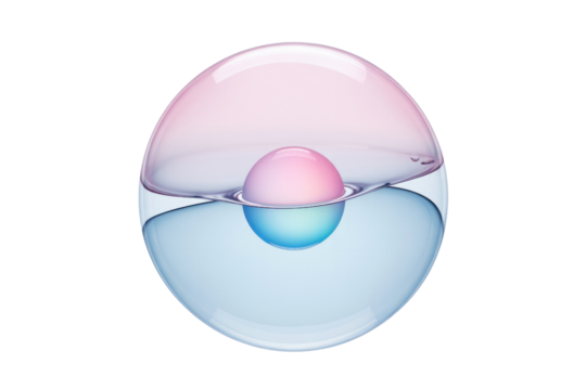 A transparent sphere containing two smaller spheres of pink and blue, submerged in a liquid. background removed
