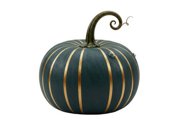 Isolated dark green pumpkin with gold stripes, curly stem, and water drops studio shot