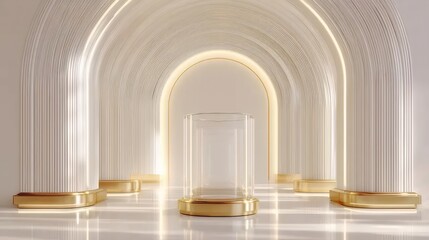 Golden Arches and Glass Pedestal With White Walls