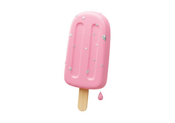 Isolated treat on stick, pink fruit popsicle with silver leaf flakes and dripping juice