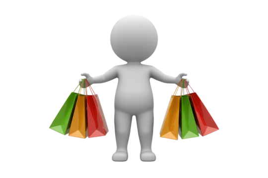 A 3D figure happily holds multiple colorful shopping bags, showcasing a successful shopping spree. background removed