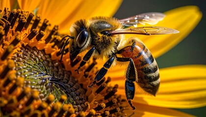 Honeybee on sunflower close-up