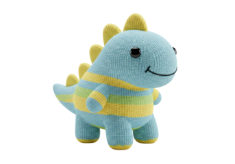 Isolated knitted dinosaur toy on seamless background, adorable crocheted plush dinosaur doll