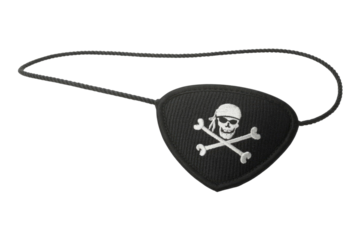 Black pirate eye patch with skull and crossbones design, isolated on transparent background. background removed