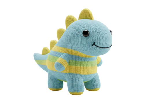 Isolated knitted dinosaur toy on seamless background, adorable crocheted plush dinosaur doll