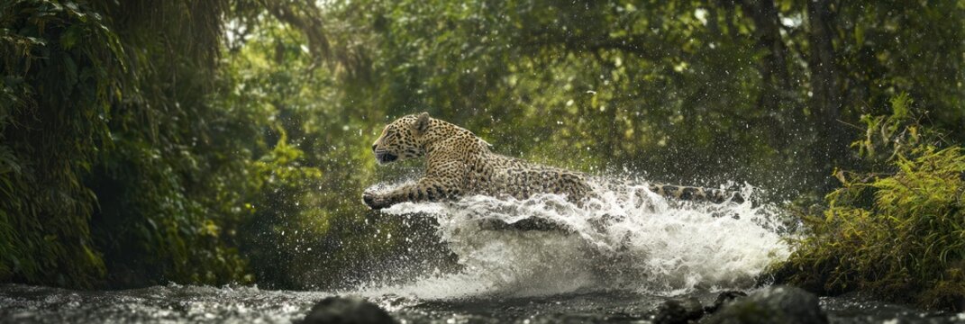 Leopard jumping waterfall forest