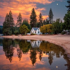 Obraz premium Lakeside cabin at sunset, reflected in calm water