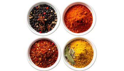 Four small white bowls filled with various spices.  Dark peppercorns, star anise, and red chili pepper flakes are in one bowl; a vibrant red chili powder in another