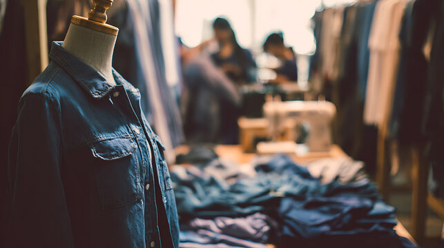 Denim shirt displayed on mannequin in a clothing workshop with sewing equipment and fabric in the background