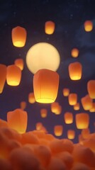 空に浮かぶランタンと満月の夜景