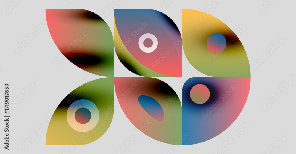 Poster abstract colorful shapes overlap, creating dynamic composition. soft gradients blend hues, forming f