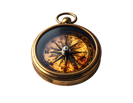 Antique brass pocket compass with aged, textured face;  needle points north;  shows wear & subtle discoloration