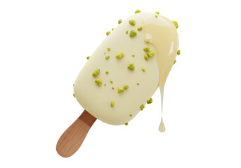 Isolated pistachio ice cream bar melting on a stick, appetizing dessert, delicious