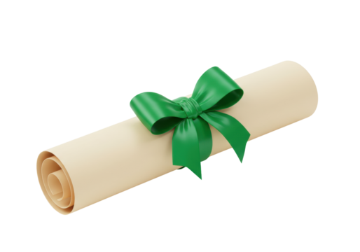 Isolated Award Scroll with Green Ribbon, Certificate or Diploma, Graduation, Achievement